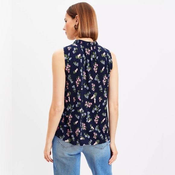 Loft Floral Shirred Tie Neck Top Sz Med NWT - Picture 2 of 6